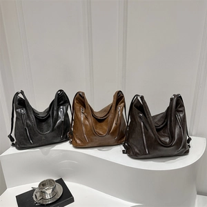 Vintage PU leather tote bags in black, caramel brown, and dark coffee with metal zippers