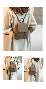 Detail of a brown fuzzy lamb wool mini backpack with leather straps and drawstring closure