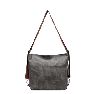 Retro grey canvas tote bag with brown adjustable strap and side pockets for women