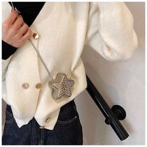 Silver star-shaped mini crossbody bag with crystal embellishments and snake chain strap