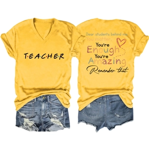 Women's yellow V-neck T-shirt with teacher quote print and denim shorts outfit set