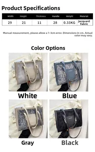 Detail view of jacquard floral tote bags in four colors with pearl chain straps