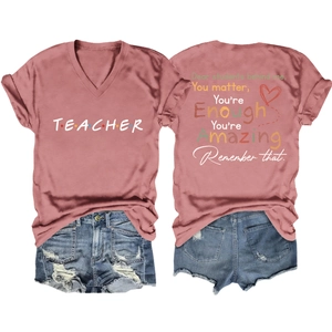 Front and back detail of pink V-neck t-shirt with Teacher print and denim shorts
