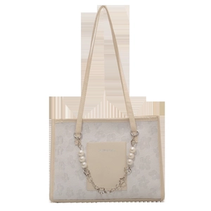Off-white tote bag with floral embossing and decorative pearl chain strap detail