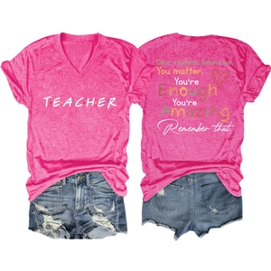 Detailed front and back view of a pink teacher t-shirt set with inspirational slogans