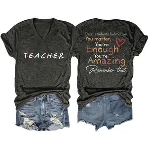 Women V-Neck T-Shirt Cotton Polyester Short Sleeve Loose Fit Inspirational Teacher Letter Print Graphic Casual Top