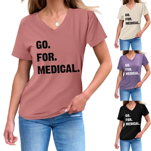 Multiple color options of the V-neck T-shirt featuring Go For Medical printed slogan