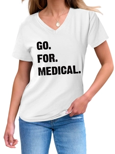 Detail shot of the V-neck cotton T-shirt featuring bold GO. FOR. MEDICAL. printed slogan
