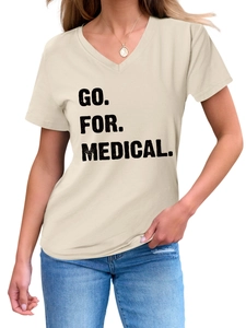 Close-up of beige V-neck T-shirt with GO FOR MEDICAL black slogan print on breathable cotton