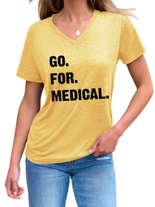 Slim fit mustard yellow V-neck T-shirt with GO FOR MEDICAL print on jersey fabric