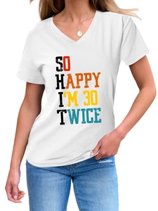 Close-up of V-neck white cotton T-shirt featuring a funny 60th birthday graphic design