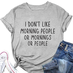 Grey graphic t-shirt with funny quote flat lay showing cotton fabric texture and casual style