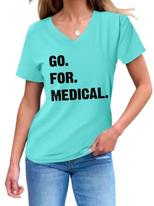 Detail of V-neck short sleeve medical t-shirt in turquoise with bold black lettering
