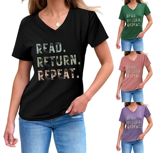 Close-up of the V-neck detail and high-quality knit fabric on this women's slogan tee