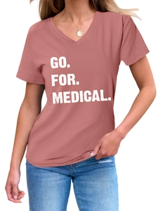 Close-up of V-neck short sleeve T-shirt with GO FOR MEDICAL print on chest