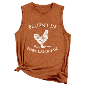 Débardeur femme rouge brique sans manches avec motif de coq et citation humoristique