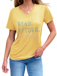 Detail of yellow V-neck t-shirt with Read Return Repeat vintage gradient print