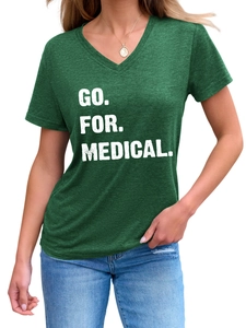Detailed view of the dark green V-neck T-shirt with GO FOR MEDICAL white print