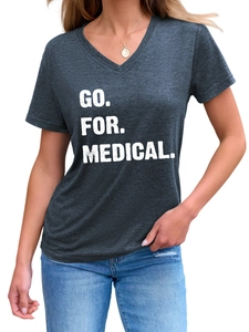Detail of the V-neckline and Go For Medical text on this dark gray women's T-shirt
