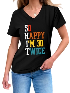 Detail of V-neck cotton T-shirt with 'SO HAPPY I'M 30 TWICE' print and gold necklace