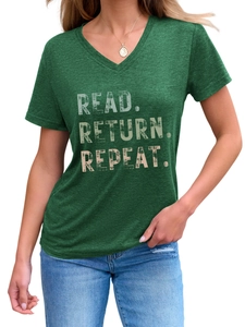 Detail of V-neck green cotton T-shirt with Read Return Repeat graphic and metal necklace
