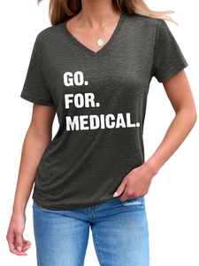 Detail of V-neckline and white bold GO FOR MEDICAL print on charcoal grey T-shirt