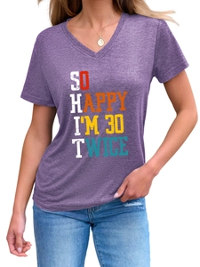 Detail of V-neck grey purple T-shirt with So Happy I'm 30 Twice colorful text print