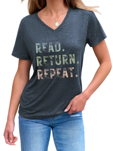 Detailed texture of grey V-neck tee with Read Return Repeat vintage letter print