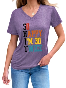 Detail of V-neck heather purple T-shirt with So Happy I'm 30 Twice typography print