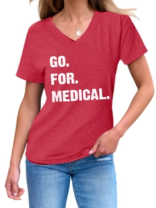 Detail of red V-neck T-shirt featuring GO. FOR. MEDICAL. white text print design