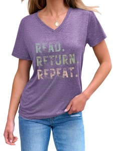 Detail of V-neck T-shirt in heather purple with Read Return Repeat printed slogan