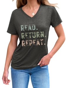 Detail of V-neck grey marl T-shirt featuring Read Return Repeat vintage typography print