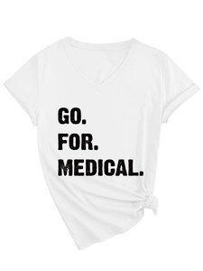 Detail of white V-neck T-shirt featuring 'GO. FOR. MEDICAL.' text and stylish side knot