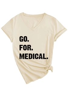 Detail of beige V-neck T-shirt with GO FOR MEDICAL print and stylish front knot detail