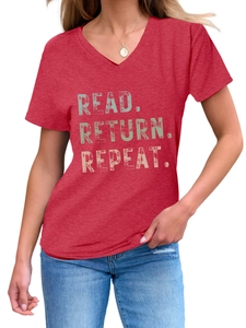 Detail of red V-neck T-shirt featuring vintage gradient Read Return Repeat graphic text