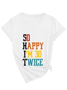 Close-up of a white V-neck T-shirt with a humorously printed logo and a stylish front knot