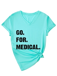 Close-up of Tiffany blue V-neck T-shirt with GO FOR MEDICAL text and bottom knot detail