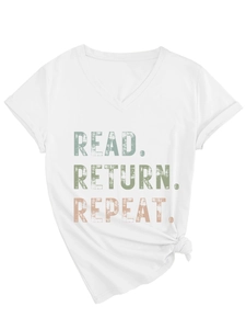 Detail of the V-neck cotton T-shirt with vintage Read Return Repeat graphic and side knot