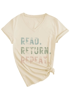 Detail of V-neck T-shirt with Read Return Repeat print and stylish side knot design