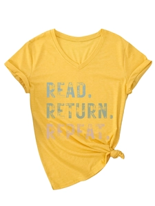 Detail of V-neck yellow cotton T-shirt with side knot and Read Return Repeat print