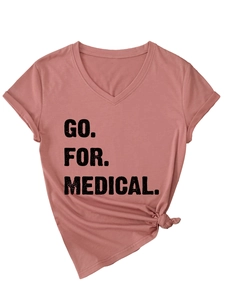 Detail of V-neck short sleeve T-shirt with GO FOR MEDICAL text and front hem twist knot
