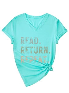 Detail of V-neck mint green T-shirt with Read Return Repeat vintage letter print and side knot