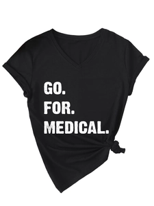 Close-up of black V-neck T-shirt featuring a GO FOR MEDICAL slogan and side-tie hem detail