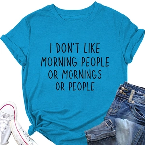 Close-up of sky blue cotton T-shirt with black humor text print and soft knit texture