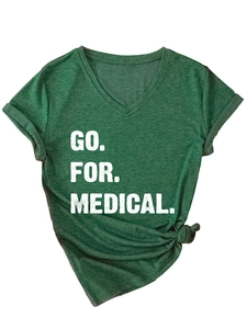 Detail of V-neck dark green t-shirt with GO FOR MEDICAL print and knotted hem