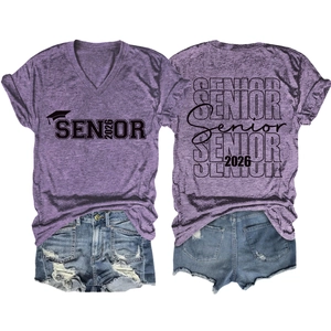 T-shirt violet col en V délavé à l'acide Senior 2026 avec motif de remise de diplôme