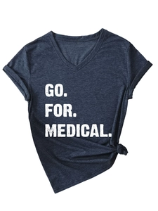 Detail of dark grey V-neck t-shirt with GO FOR MEDICAL text and knotted hem design