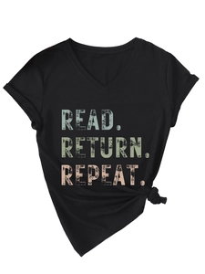 Detail of V-neck cotton T-shirt with Read Return Repeat print and knotted hem design
