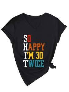 Detail of V-neck cotton T-shirt featuring funny 30 twice print and stylish side knot design