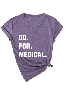 Detail showing the white 'GO. FOR. MEDICAL.' print and front knot on the purple V-neck T-shirt